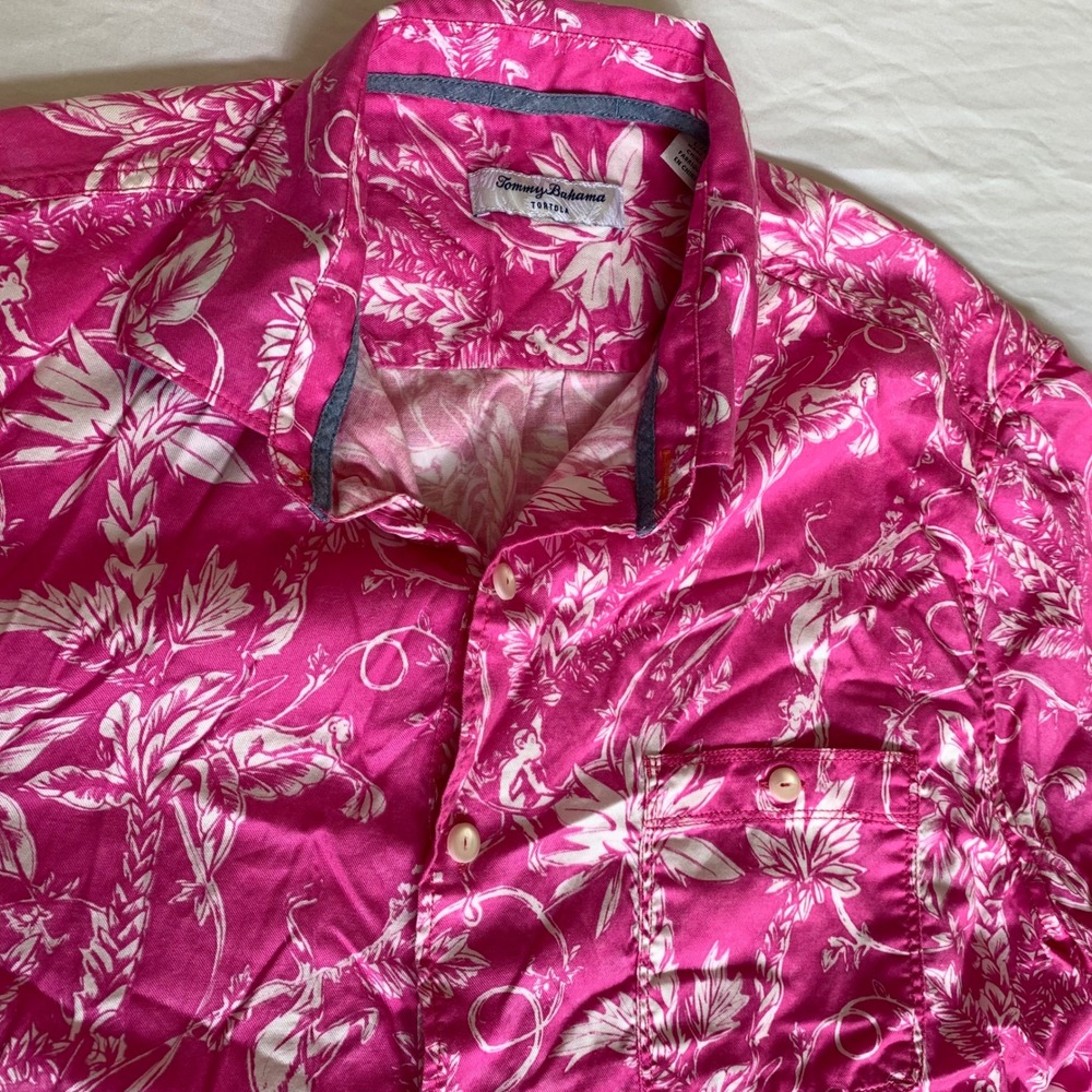 Tommy Bahama Tortola Mens‎ Large Pink Monkey Palm Tree Tropical Tencel Shirt L/G